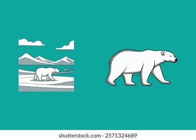 Vector art of a polar bear walking on a frozen landscape with snow-capped mountains, showcasing a serene winter scene.