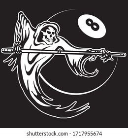 Vector art of a pool playing grim reaper in front of an 8 ball