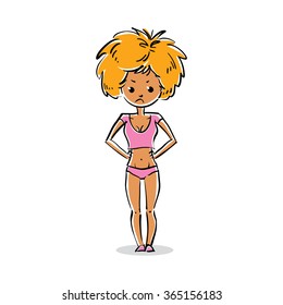 Vector art portrait of attractive young lady, facial expression of blonde female with modern hairstyle. Cartoon character emotions and gestures.