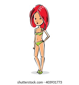 Vector art portrait of attractive young lady, facial expression of red-head female with modern hairstyle. Cartoon character emotions and gestures.
