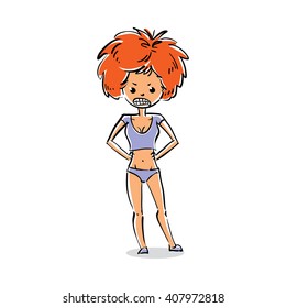 Vector art portrait of attractive young lady, facial expression of red-head female with modern hairstyle. Cartoon character emotions and gestures.