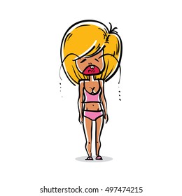 Vector art portrait of attractive young lady, facial expression of blonde female with modern hairstyle. Cartoon character emotions and gestures. Crying girl.