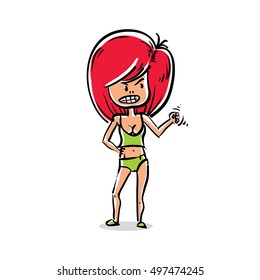 Vector art portrait of attractive young lady, facial expression of red-head female with modern hairstyle. Cartoon character emotions and gestures.