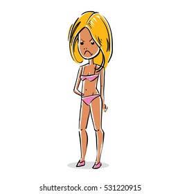 Vector art portrait of attractive young lady, facial expression of blonde female with modern hairstyle. Cartoon character emotions and gestures.