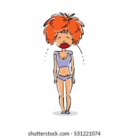 Vector art portrait of attractive young lady, facial expression of red-haired crying female with modern hairstyle. Cartoon character emotions and gestures.