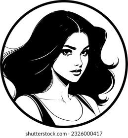 Título: Vector art, portrait of a beautiful woman, in a circle, black and white, high contrast