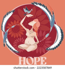 Vector art postcard - Hope. Showing a pregnant woman communicating with the bird on the flowery background. Two storks sorround mother with their wings