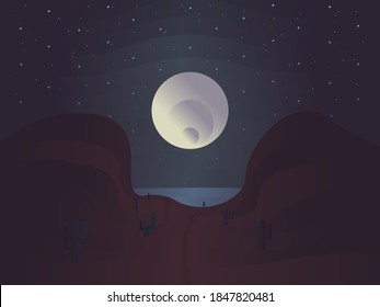  Vector art poster. Cactuses in a gorge between mountains near the sea. Graphic image with gradients. Illustration is great for notebook or book cover, web banner with creation atmosphere.
