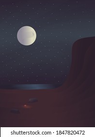  Vector art poster. Camping in a canyon between mountains by the sea. Graphic image with gradients. Illustration is great for notebook or book cover, web banner with creation atmosphere.