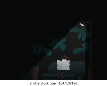  Afiche de arte vector con concepto oscuro. Un hombre lee un libro de noche en el parque a la luz de una linterna. Imagen gráfica con gradiente. Ideal para portada de cuaderno o libro, banner web con ambiente de creación