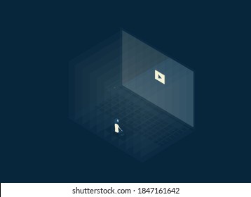 Vector art poster with dark concept. A girl sits on her laptop and watches video. Isometric graphic image with 3d elements. Illustration is great for notebook or book cover, web banner, ui\ux design