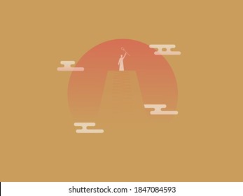 Vector art poster with magical and spiritual concept. Shaman man on a top of mountain. Surrealistic style with gradient. Sunshine with aztec style build. 
