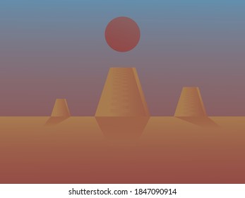 Vector art poster with nature concept. Sunshine with aztec style build in a desert. Surrealistic mood with gradient. Great for notebook or book cover, web banner with creation atmosphere. 