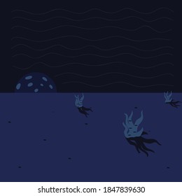  Vector art poster with psychedelic concept. A simple graphic image rising moon in a desert. Illustration is great for notebook or book cover, web banner with creation atmosphere