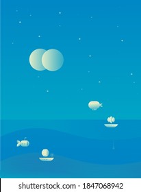 Vector art poster with sea and ocean concept. Ships on a water. Surrealistic style with gradient. Cosmic nature and and colourful seascape. 