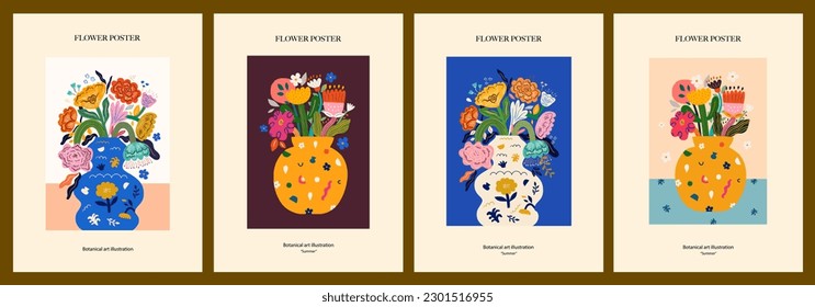 Vector art posters in retro style. Collection of art vector floral posters. Beautiful flower collection of posters with decorative flowers, roses, leaves, floral bouquets. Notebook covers

