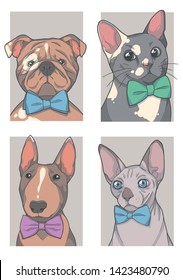 Vector art print collection with 4 different animals with bowties drawings, including English Bulldog, Domestic Cat, Bull Terrier and Sphinx Cat