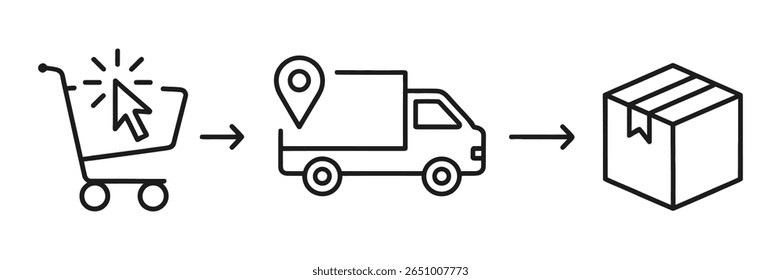 Vector art of the process of online shopping, delivery, and package arrival