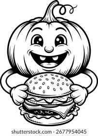 Vector art of pumpkin cartoon character holding a burger.