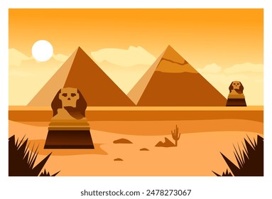 
vector art of pyramid and Sphinx statue, sunset background.