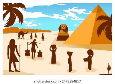 
Arte vectorial de estatuas piramidales y esfinges con actividades humanas durante el día, comercio, guardias piramidales, palmeras, camellos, pastores de camellos.