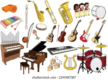 vector art realistic instruments whistle flute saxophone trumpet tubas coral bass drum xylophone berimbau rattle tambourine ukulele violin guitar electric guitar double bass pipe organ piano applause 