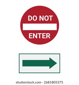 Image vectorielle de rouge ne pas entrer le signe et le signe flèche verte symbole d'interdiction, de restriction et de direction sécurité et avertissement pour la circulation et les piétons