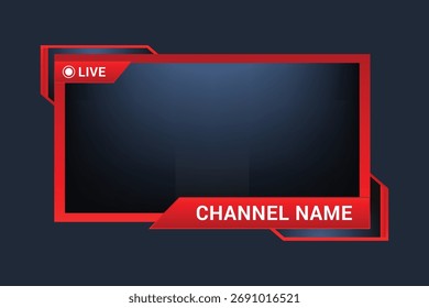 Vector art of red live streaming overlay template with channel name for online video platform