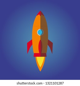 Vector art of a red and orange Rocket in a blue background