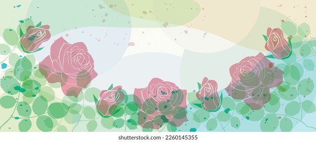 Vektorkunst von Rosen und grünen Blättern. Elemente in pastellfarbenen Tönen mit Formen und Farbspritzer Hintergrund. Illustration für Wallpaper, Poster, Bannerkarte, Druck, Web und Verpackung.