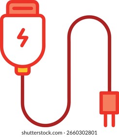 Arte vectorial del cable rojo del cargador del USB con el símbolo del enchufe y del relámpago, aislado en el fondo blanco