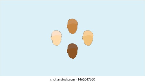 Vector art representing: People of different skin colour (race), that suffer from cancer and lost hair (alopecia) during chemotherapy (chemo) treatment.