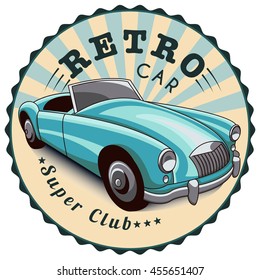 Vector art of retro car in circle with text in vintage style. Art in blue (turquoise) and beige colors. 