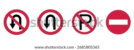 Vector art of road signs, including no uturn, uturn, no parking, and do not enter, offering a comprehensive set of traffic regulations and safety measures