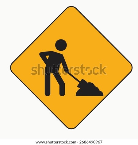 Vector art of road work sign yellow diamond road sign indicating road work, featuring a silhouette of a worker digging, warning drivers to be cautious