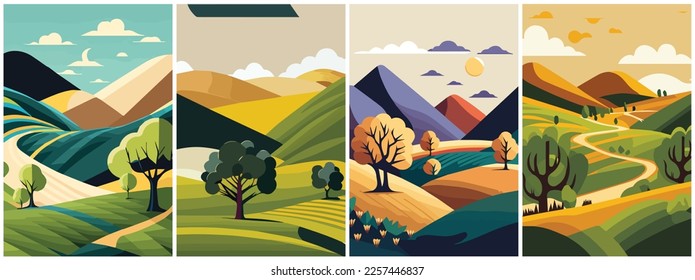Vector Art of Roling Hills Cartoon Vector . Template of Illustration Graphic Modern Pop Art Poster and Cover of Sticker and Collage Cartoon Watermark Abstract Vector