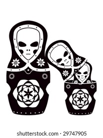 Vector art of the russian dolls. Three aliens as matryoshka.