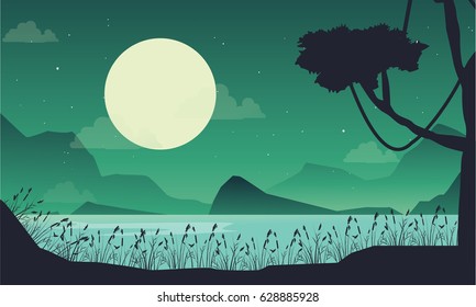 Vector art scenery lake at the night