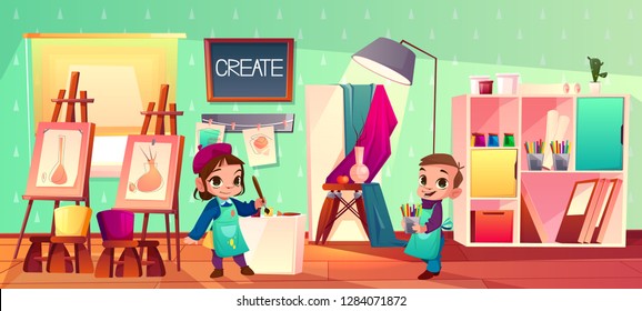 Vector Art School Interior. Creative Workshop Room With Children, Pupils - Girl And Boy. Young Artists With Brushes, Easel And Canvas. Still Life Drawing In Bright Class With Window, Hobby.