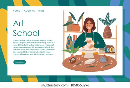 Vector art school website template, web page and landing page design for developing websites and mobile sites. Art school, ceramics courses, master class in pottery