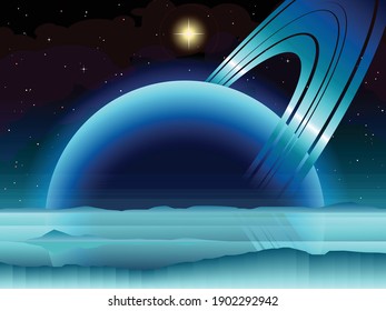 Vector art of a science fiction space scene featuring a ringed gas giant as seen from its icy moon