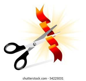 Vector art scissors cutting ribbon in front of currency symbols