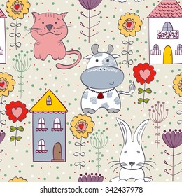 vector art seamless pattern with farm animals.