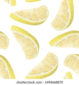 Vector art, seamless pattern with hand-drawn harvest juicy, delicious rich wet yellow lemon pieces, with highlights, beautiful peel of lemon. Realistic, like paint. Ripe, juicy, tasty lemons scattered