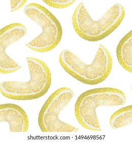 Vector art, seamless pattern with hand-drawn harvest juicy, delicious rich wet yellow lemon pieces, with highlights, beautiful peel of lemon. Realistic, like paint. Ripe, juicy, tasty lemons scattered