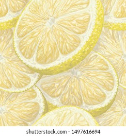 Vector art, seamless pattern with hand-drawn harvest juicy, delicious rich wet yellow lemon pieces, with highlights, beautiful peel. Realistic, like paint. Ripe, juicy lemons lay in a continuous layer