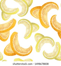 Vector art, seamless pattern with hand-drawn harvest juicy, delicious orange and lemon pieces, with highlights, beautiful orange, lemon peel. Realistic, like paint. Ripe, juicy, tasty citrus scattered