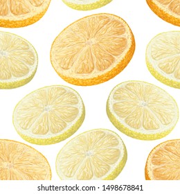 Vector art, seamless pattern with hand-drawn harvest juicy, delicious orange and lemon pieces, with highlights, beautiful orange, lemon peel. Realistic, like paint. Ripe, juicy, tasty citrus scattered