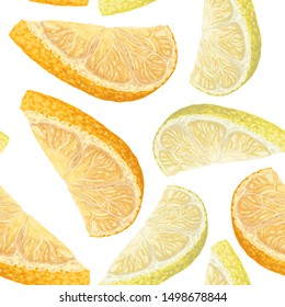 Vector art, seamless pattern with hand-drawn harvest juicy, delicious orange and lemon pieces, with highlights, beautiful orange, lemon peel. Realistic, like paint. Ripe, juicy, tasty citrus scattered