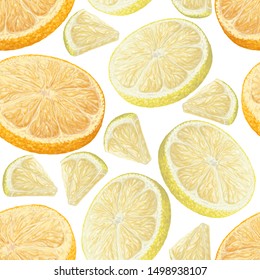 Vector art, seamless pattern with hand-drawn harvest juicy, delicious orange and lemon pieces, with highlights, beautiful orange, lemon peel. Realistic, like paint. Ripe, juicy, tasty citrus scattered